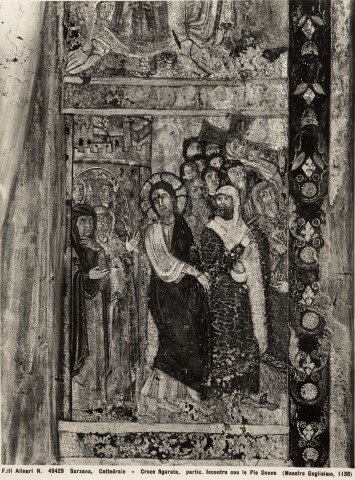 Alinari, Fratelli — Sarzana, Cattedrale - Croce figurata, partic. Incontro con le Pie Donne (Maestro Guglielmo, 1138) — particolare
